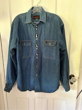 Sunbelt Denim Shirt Jacket in Blue with Penguins Embroidered